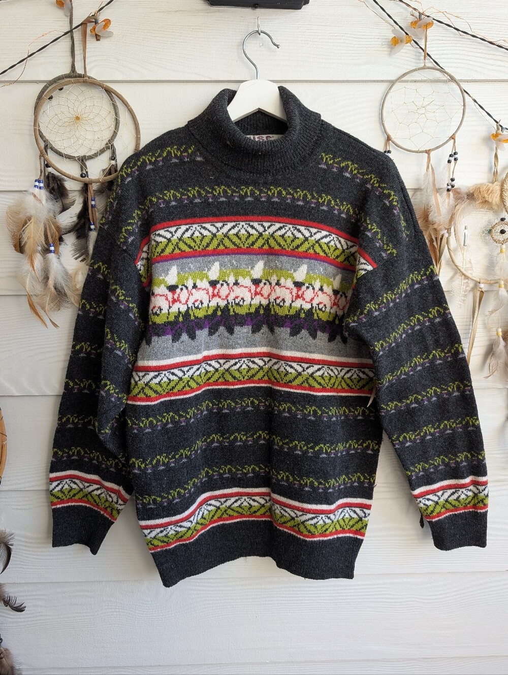 Vintage 80-90s Dark Gray Patterned Wool Sweater Turtleneck Multicolor